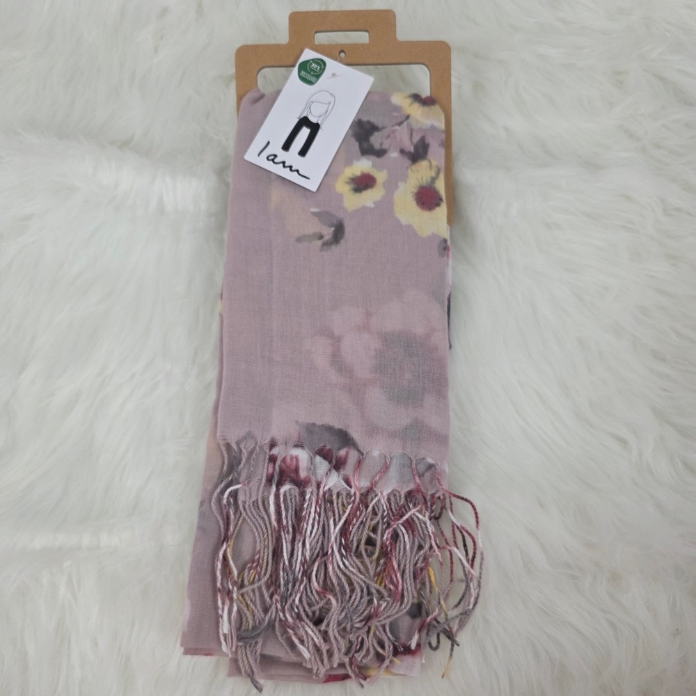 Iam Lightweight Pink and Yellow Floral Scarf with Fringe